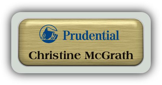 Metal Name Tag: Brushed Gold Metal Name Tag with a Pearl Grey Plastic Border and Epoxy