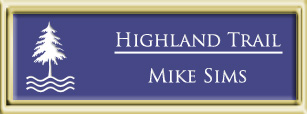 Framed Name Tag: Gold Plastic (squared corners) - Purple and White Plastic Insert