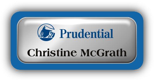Metal Name Tag: Shiny Silver Metal Name Tag with a Blue Plastic Border and Epoxy