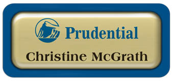 Metal Name Tag: Shiny Gold Metal Name Tag with a Blue Plastic Border and Epoxy