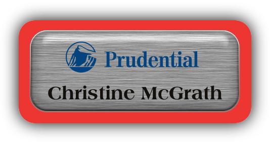 Metal Name Tag: Brushed Silver Metal Name Tag with a Red Plastic Border and Epoxy