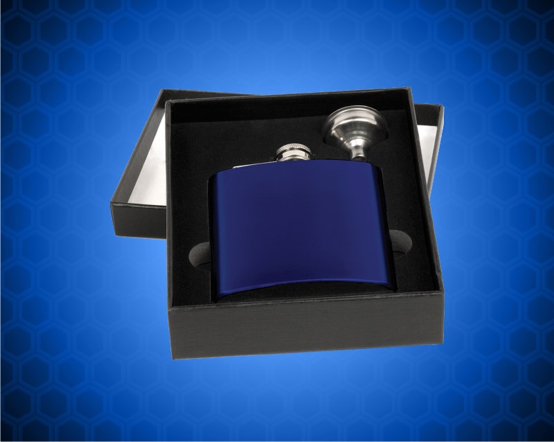 6 oz. Gloss Blue Stainless Steel Flask Gift Set with Presentation Box