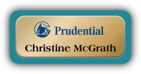 Metal Name Tag: Shiny Gold Metal Name Tag with a Bahama Blue Plastic Border