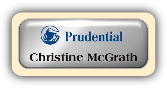 Metal Name Tag: Shiny Silver Metal Name Tag with a Ivory Plastic Border and Epoxy