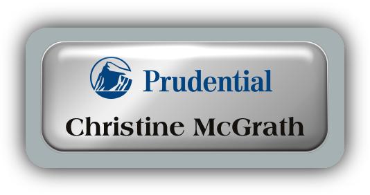Metal Name Tag: Shiny Silver Metal Name Tag with a Grey Plastic Border and Epoxy