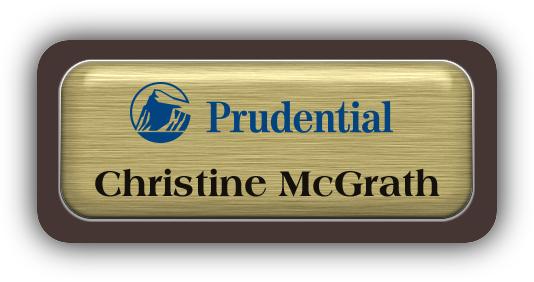 Metal Name Tag: Brushed Gold Metal Name Tag with a Dark Brown Plastic Border and Epoxy