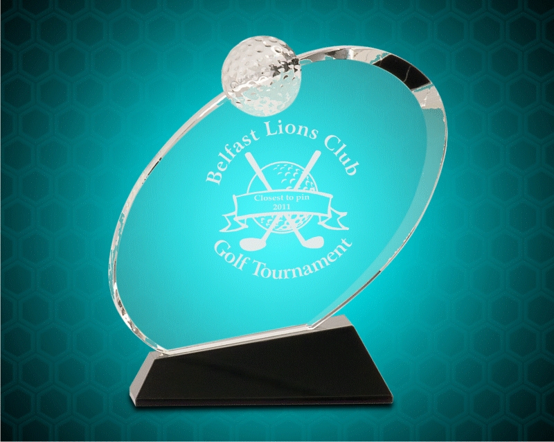 6 Inch Clear Crystal Oblong Golf Award On Black Crystal Base