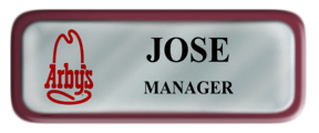 Metal Name Tag: Shiny Silver with Burgundy Metal Border