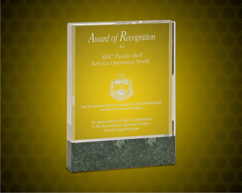 6 x 8 Inch Clear Fusion Crystal Award With Genuine Green Marble Base