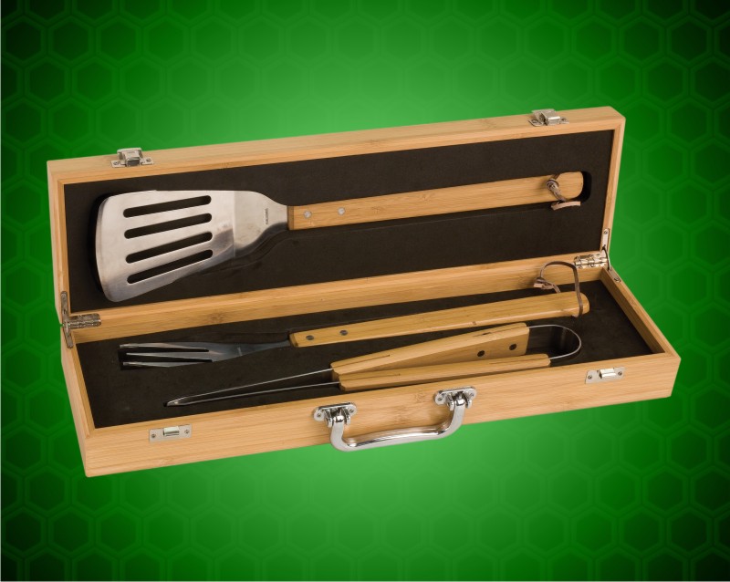 3 Piece Bamboo BBQ Set In Bamboo Case