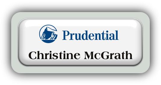 Metal Name Tag: White Metal Name Tag with a Pearl Grey Plastic Border and Epoxy