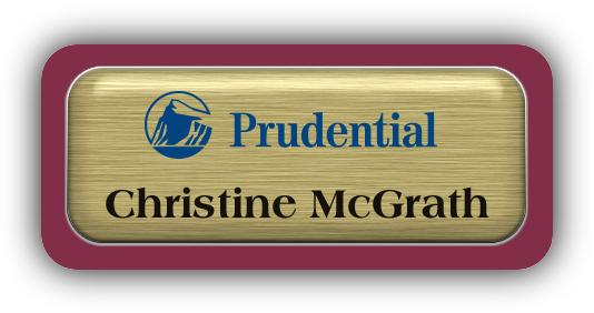 Metal Name Tag: Brushed Gold Metal Name Tag with a Burgundy Plastic Border and Epoxy
