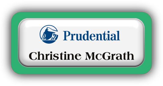 Metal Name Tag: White Metal Name Tag with a Bright Green Plastic Border and Epoxy