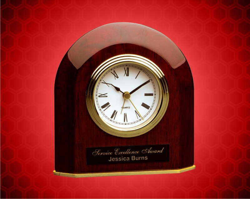 5 1/4 x 5 1/2 inch Rosewood Piano Finish Beveled Arch Desk Clock