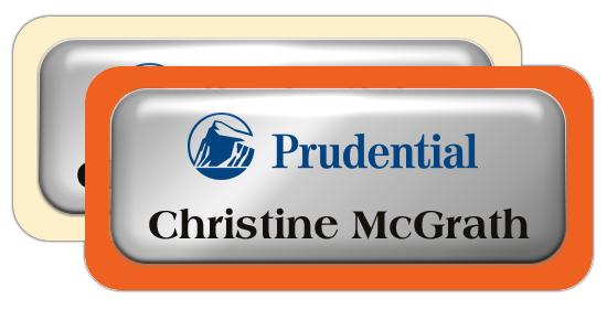 Shiny Silver Metal Name Tags with Plastic Borders and Epoxy