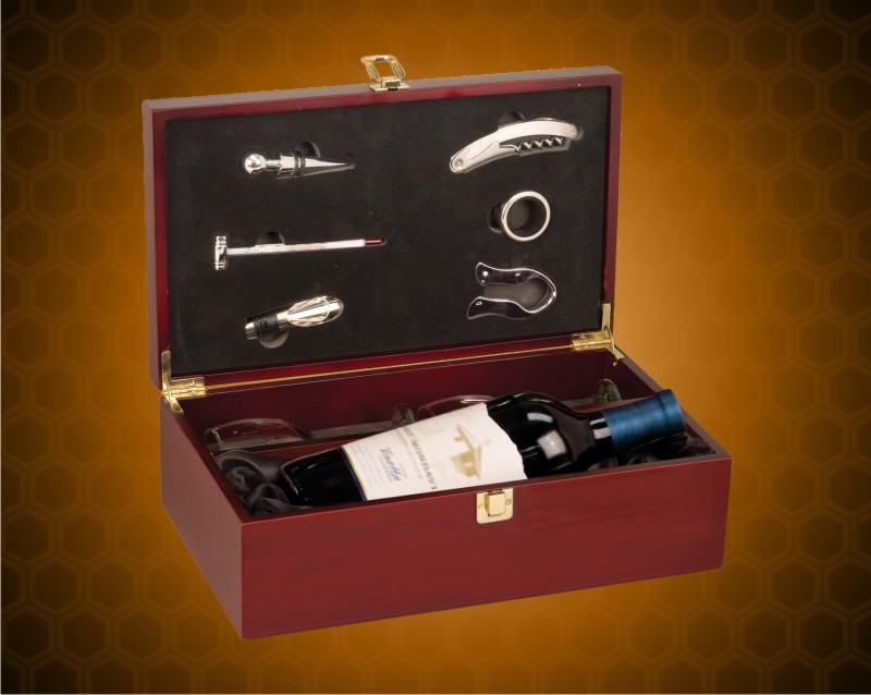 Rosewood Finish Single Wine Presentation Box with Tools and 2 Wine Glasses
