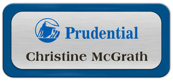 Metal Name Tag: Brushed Silver Metal Name Tag with a Blue Plastic Border