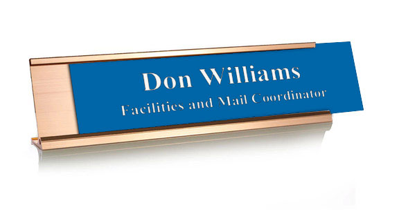 Sapphire Blue Plastic Plate with White on Rose Gold Deskplate