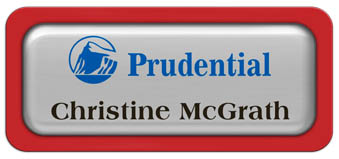 Metal Name Tag: Shiny Silver Metal Name Tag with a Red Plastic Border and Epoxy