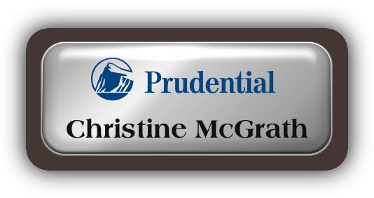 Metal Name Tag: Shiny Silver Metal Name Tag with a Dark Brown Plastic Border and Epoxy