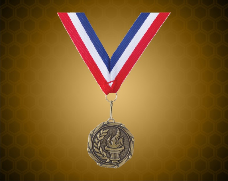 Gold Victory Medal with a 7/8 x 32 inch Red, White, and Blue Ribbon