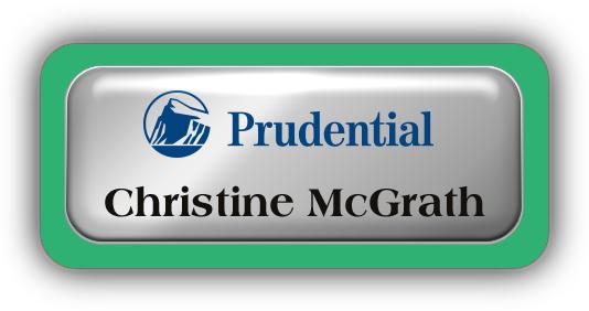 Metal Name Tag: Shiny Silver Metal Name Tag with a Bright Green Plastic Border and Epoxy
