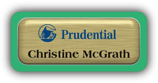 Metal Name Tag: Brushed Gold Metal Name Tag with a Bright Green Plastic Border and Epoxy