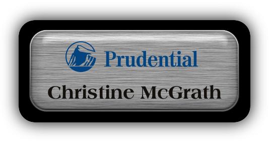 Metal Name Tag: Brushed Silver Metal Name Tag with a Black Plastic Border and Epoxy