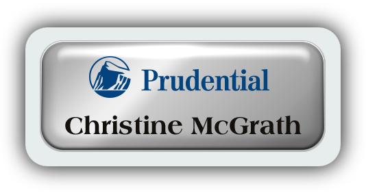 Metal Name Tag: Shiny Silver Metal Name Tag with a Light Grey Plastic Border and Epoxy
