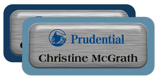 Brushed Silver Metal Name Tags with Plastic Borders and Epoxy