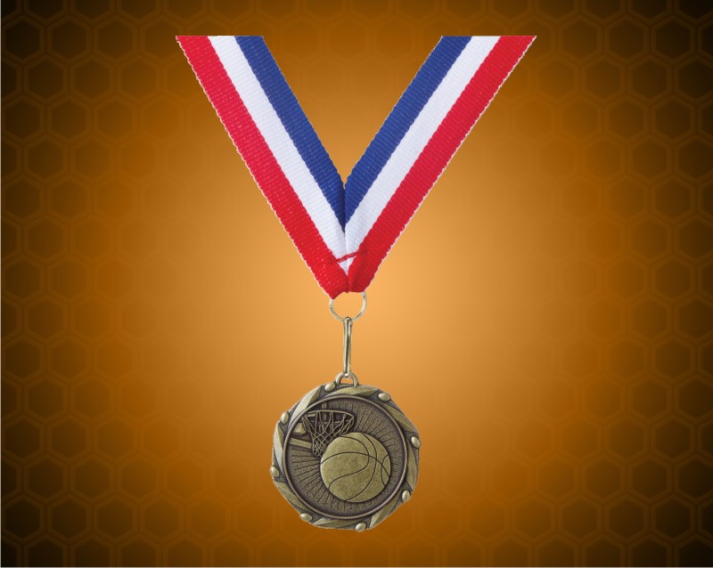 Gold Basketball Medal with a 7/8 x 32 inch Red, White, and Blue Ribbon