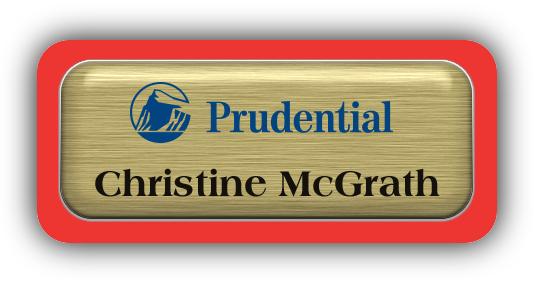 Metal Name Tag: Brushed Gold Metal Name Tag with a Red Plastic Border and Epoxy