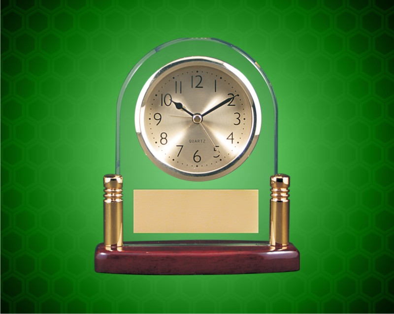 5 3/4 x 6 1/2 inch Arch Glass & Piano Finish Desk Clock with Posts