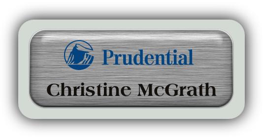 Metal Name Tag: Brushed Silver Metal Name Tag with a Pearl Grey Plastic Border and Epoxy