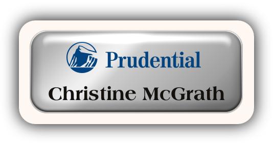 Metal Name Tag: Shiny Silver Metal Name Tag with a Sand Plastic Border and Epoxy