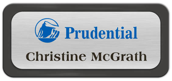 Metal Name Tag: Brushed Silver Metal Name Tag with a Charcoal Grey Plastic Border