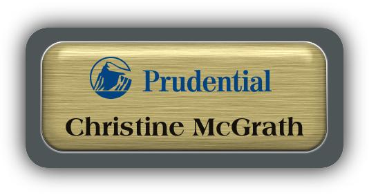 Metal Name Tag: Brushed Gold Metal Name Tag with a Charcoal Grey Plastic Border and Epoxy