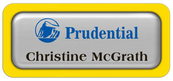 Metal Name Tag: Shiny Silver Metal Name Tag with a Yellow Plastic Border and Epoxy