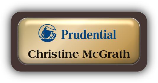 Metal Name Tag: Shiny Gold Metal Name Tag with a Dark Brown Plastic Border and Epoxy