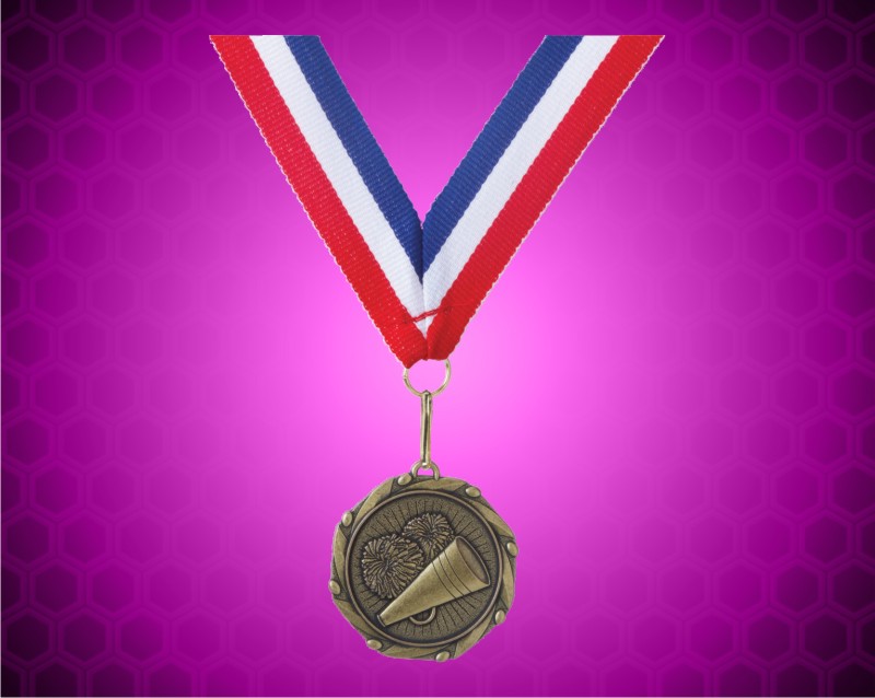 Gold Cheerleading Medal with a 7/8 x 32 inch Red, White, and Blue Ribbon 