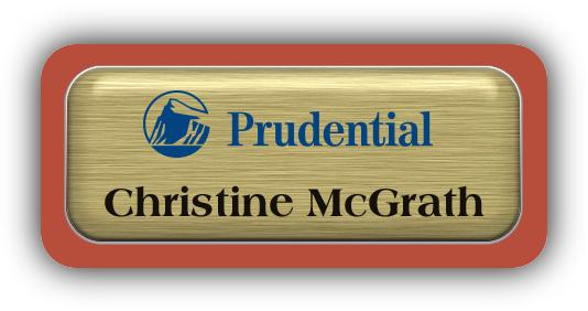 Metal Name Tag: Brushed Gold Metal Name Tag with a Canyon Plastic Border and Epoxy