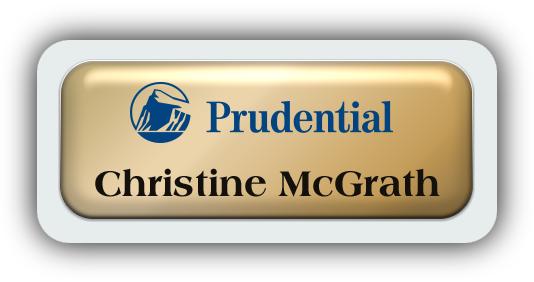 Metal Name Tag: Shiny Gold Metal Name Tag with a Light Grey Plastic Border and Epoxy