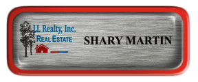 Metal Name Tag: Brushed Silver with Epoxy and Red Metal Border