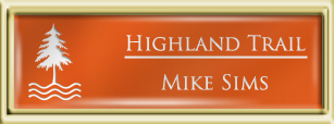 Framed Name Tag: Gold Plastic (squared corners) - Tangerine and White Plastic Insert with Epoxy