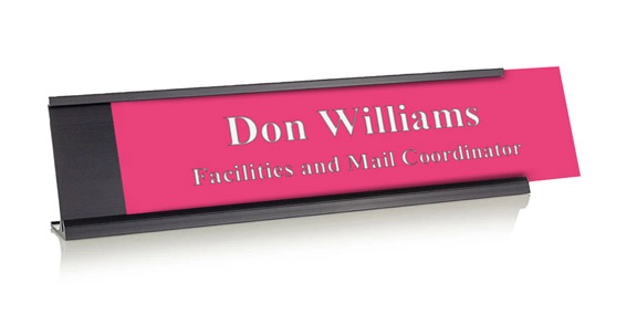 Ribbon Pink Plastic Plate with White Text, Black Deskplate