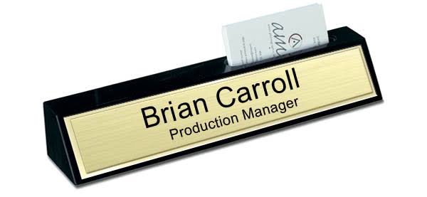 Black Marble Desk Name Plate with Card Holder - Brushed Gold with Shiny Gold Border