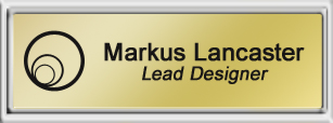 Framed Name Tag: Silver Plastic (squared corners) - Shiny Gold and Black Plastic Insert with Epoxy