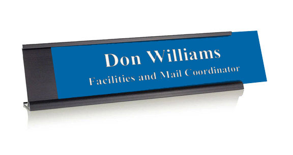 Sapphire Blue Plastic Plate with White Text, Black Deskplate