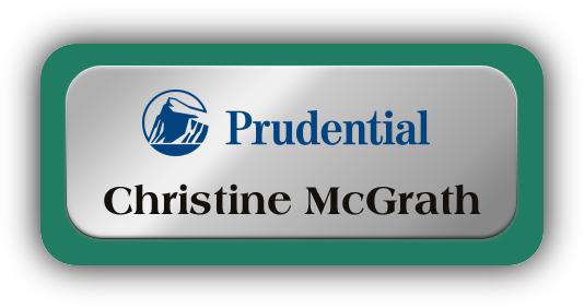Metal Name Tag: Shiny Silver Metal Name Tag with a Pine Green Plastic Border