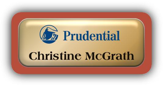 Metal Name Tag: Shiny Gold Metal Name Tag with a Canyon Plastic Border and Epoxy
